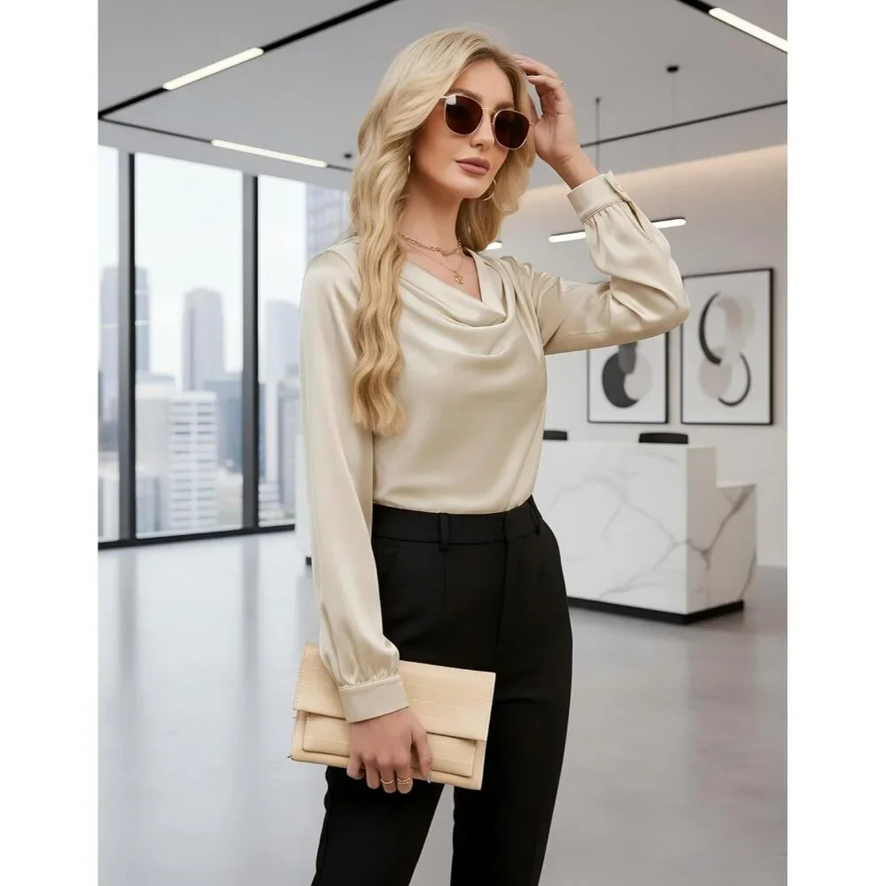 Women's Satin Blouse Cowl Neck Long Sleeve Business Casual Top Apricot - Picture 7 of 8